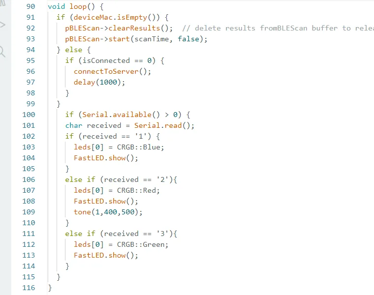 Code setting the LED colour from the received value.